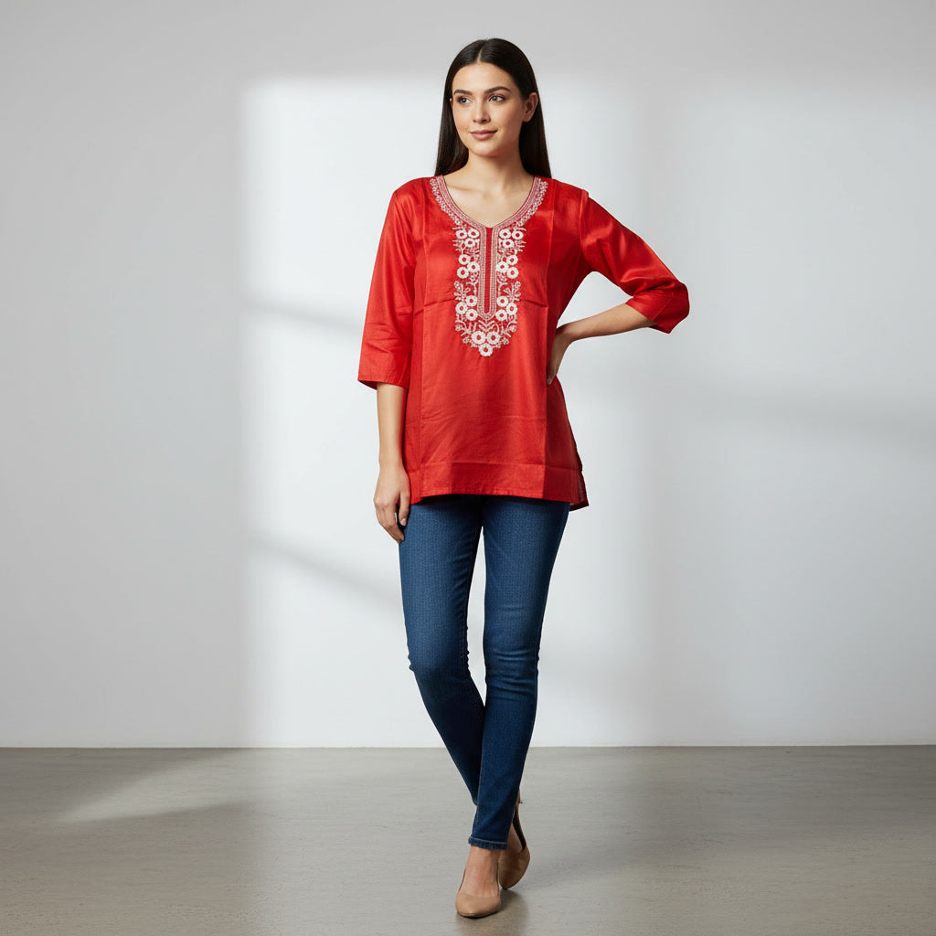 NIZORI Red Embroidered V-Neck Tunic Top for Women | Elegant 3/4 Sleeve Casual Kurti