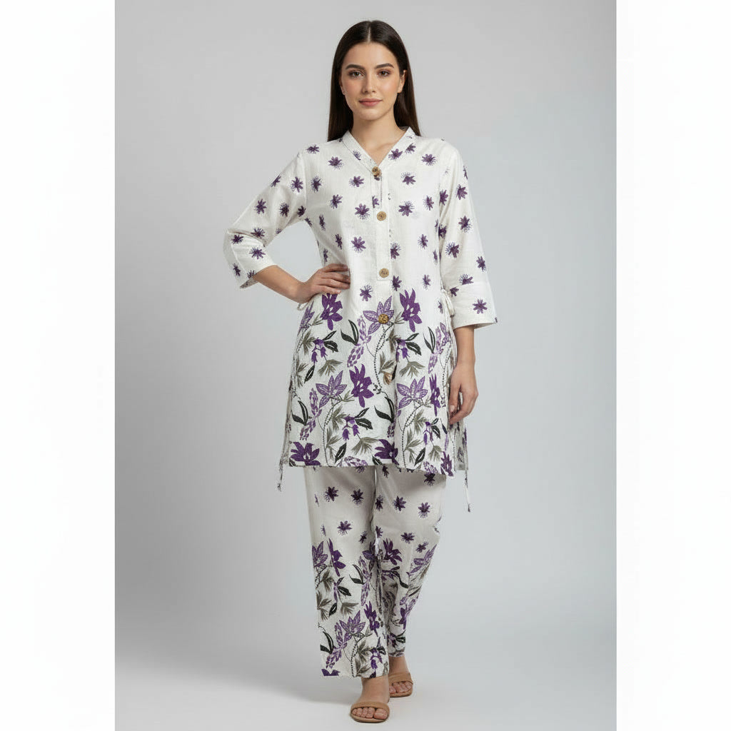 NIZORI Women Printed Co-Ord Set | Straight Kurti with Matching Pants | Elegant Casual & Office Wear Set