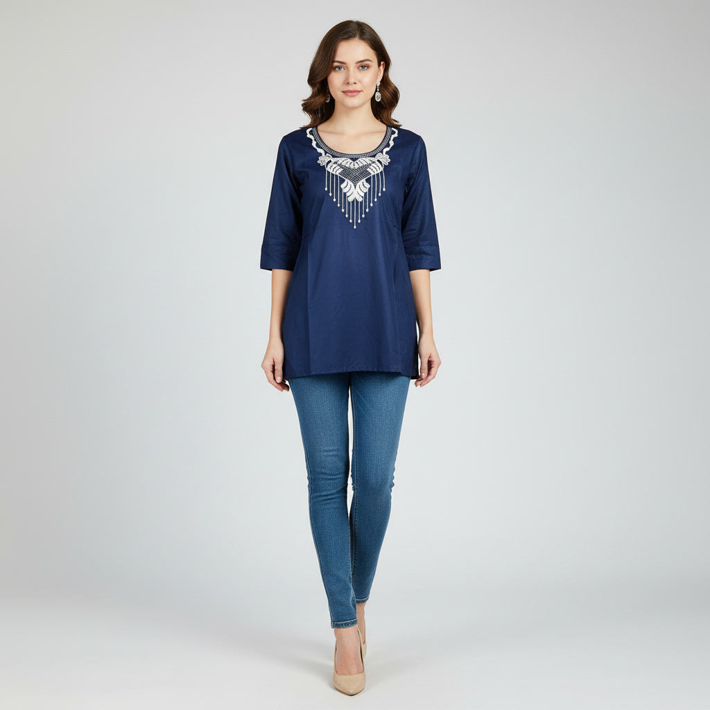 NIZORI Elegant Navy Blue Embroidered Tunic Top for Women | 3/4 Sleeve Soft Stretch Casual Kurti Style