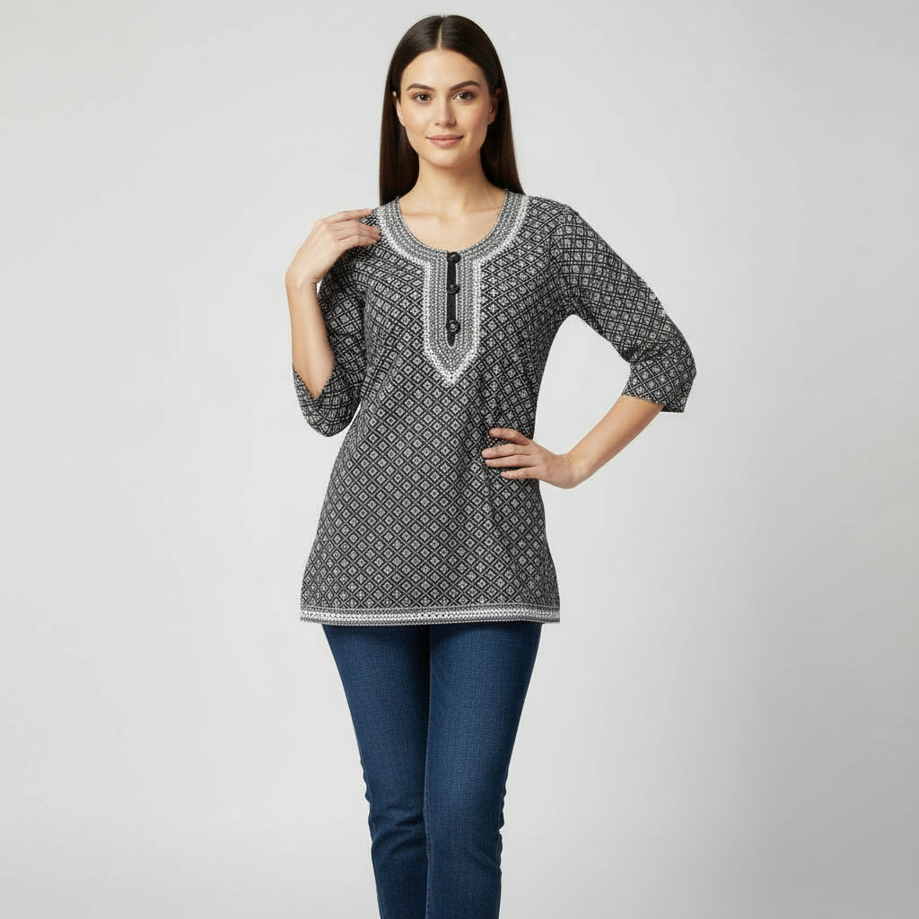 NIZORI Women Printed Short Kurti | Ethnic Casual Straight Fit Top for Daily & Office Wear