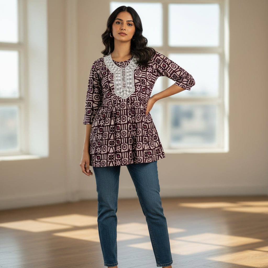 NIZORI Maroon Geometric Printed Tunic Top for Women | Embroidered Neck 3/4 Sleeve Casual Kurti