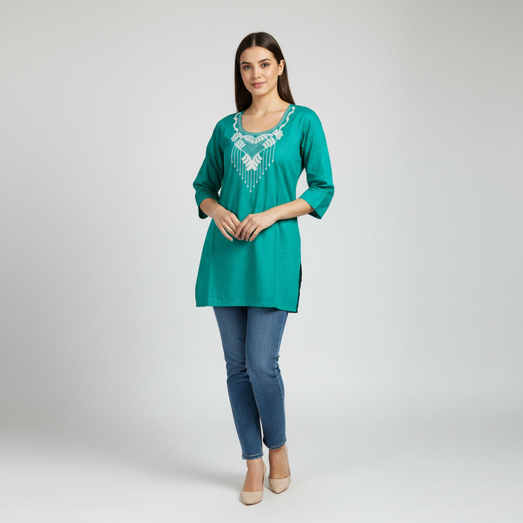 NIZORI Emerald Green Embroidered Tunic Top for Women | Elegant 3/4 Sleeve Soft Stretch Casual Kurti