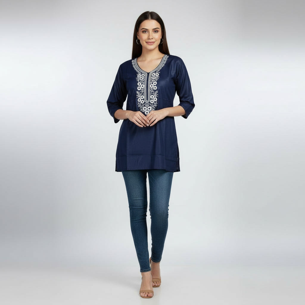NIZORI Navy Blue Embroidered V-Neck Tunic Top for Women | Elegant 3/4 Sleeve Casual Kurt