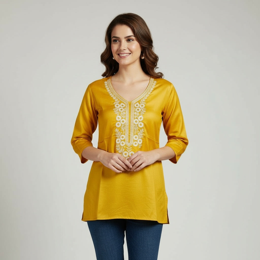 NIZORI Mustard Yellow Embroidered V-Neck Tunic Top for Women | Elegant 3/4 Sleeve Casual Kurti
