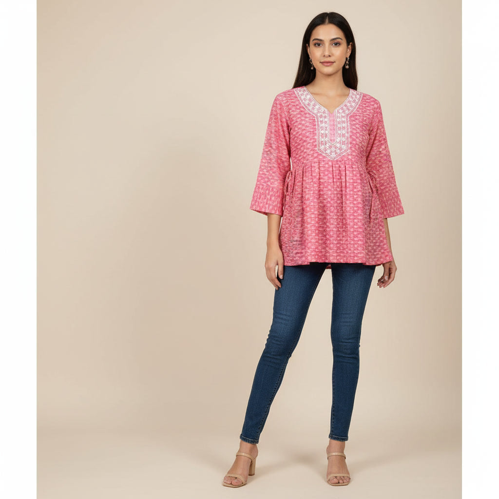 NIZORI Pink Printed Embroidered Tunic Top for Women | Elegant Flared 3/4 Sleeve Casual Kurti