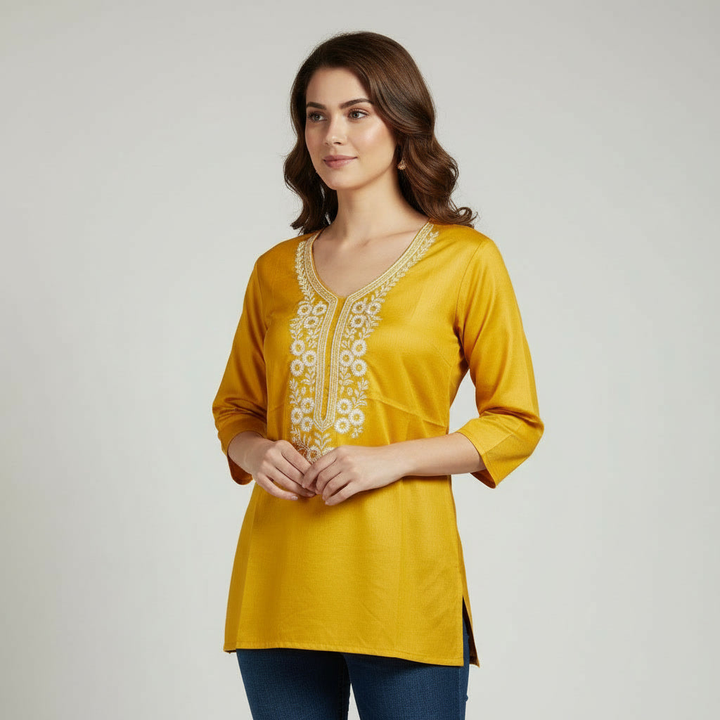 NIZORI Mustard Yellow Embroidered V-Neck Tunic Top for Women | Elegant 3/4 Sleeve Casual Kurti