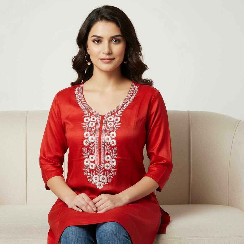 NIZORI Red Embroidered V-Neck Tunic Top for Women | Elegant 3/4 Sleeve Casual Kurti