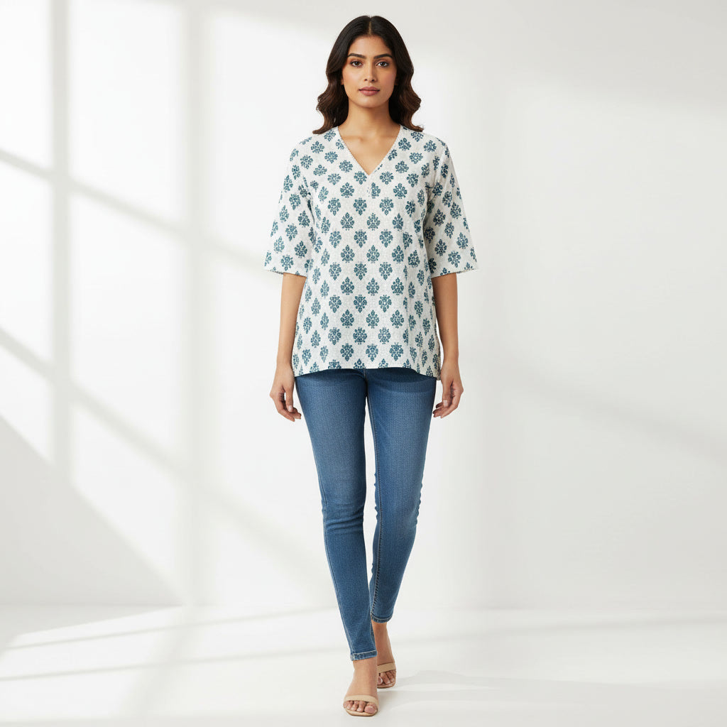 NIZORI Women’s Printed Short Kurti – Soft Cotton Blend, V-Neck, Everyday & Office Wear Top