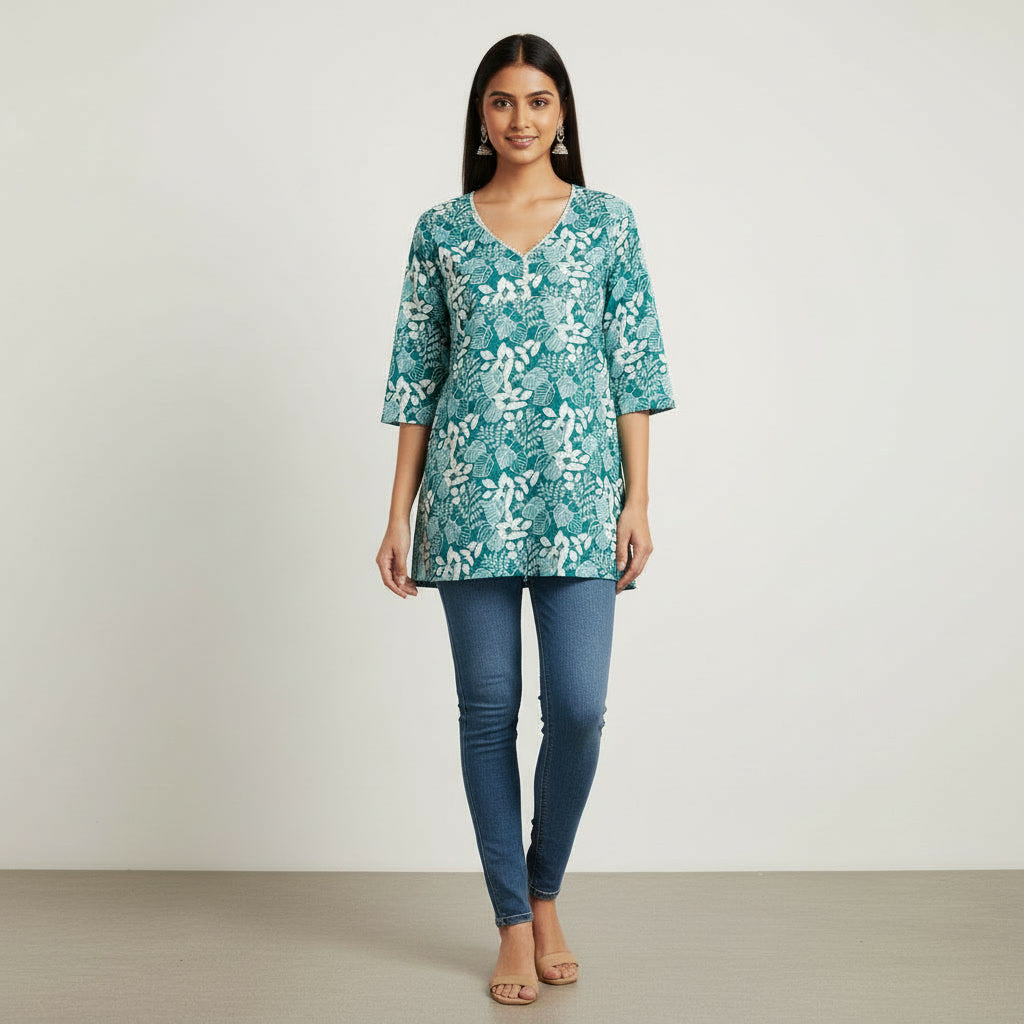 NIZORI Women’s Green Printed Short Kurti – Cotton Blend V-Neck Casual & Office Wear Top