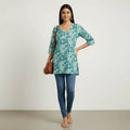 NIZORI Women’s Green Printed Short Kurti – Cotton Blend V-Neck Casual & Office Wear Top
