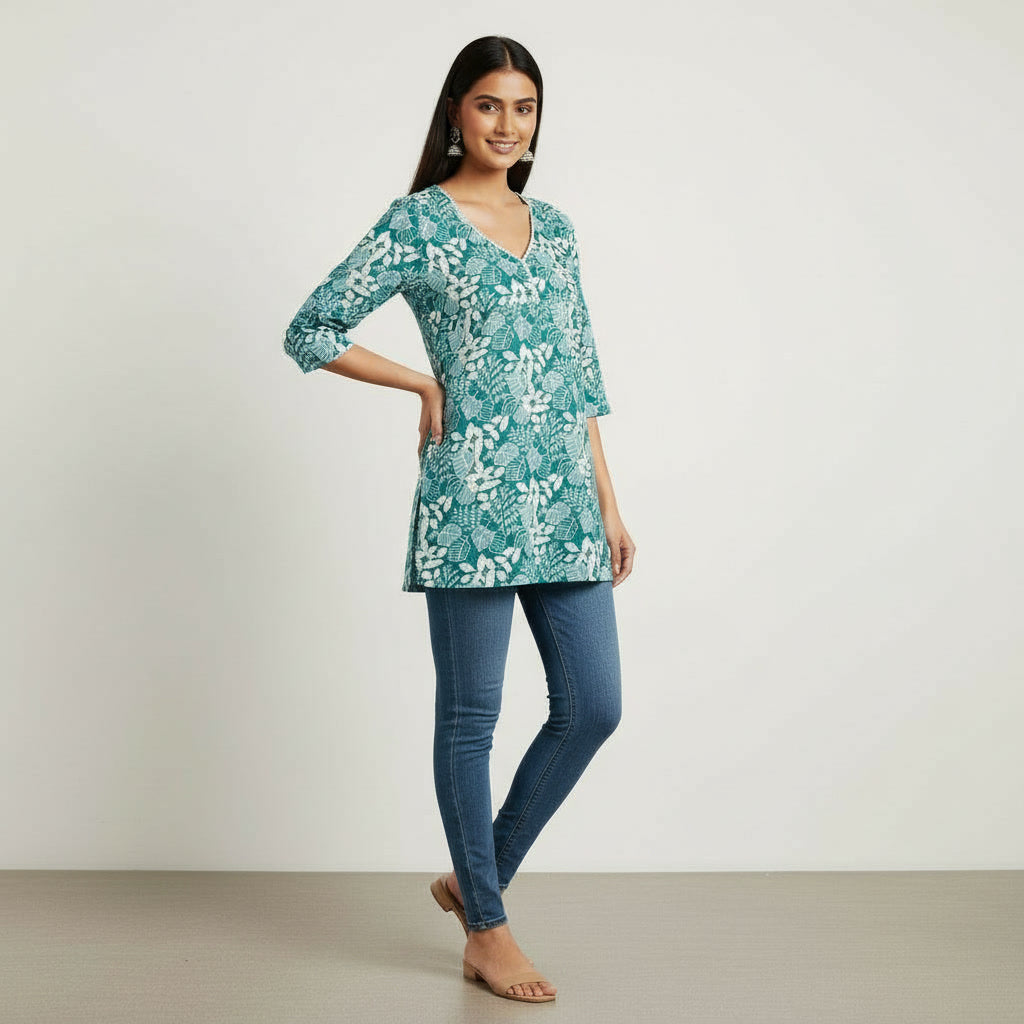 NIZORI Women’s Green Printed Short Kurti – Cotton Blend V-Neck Casual & Office Wear Top