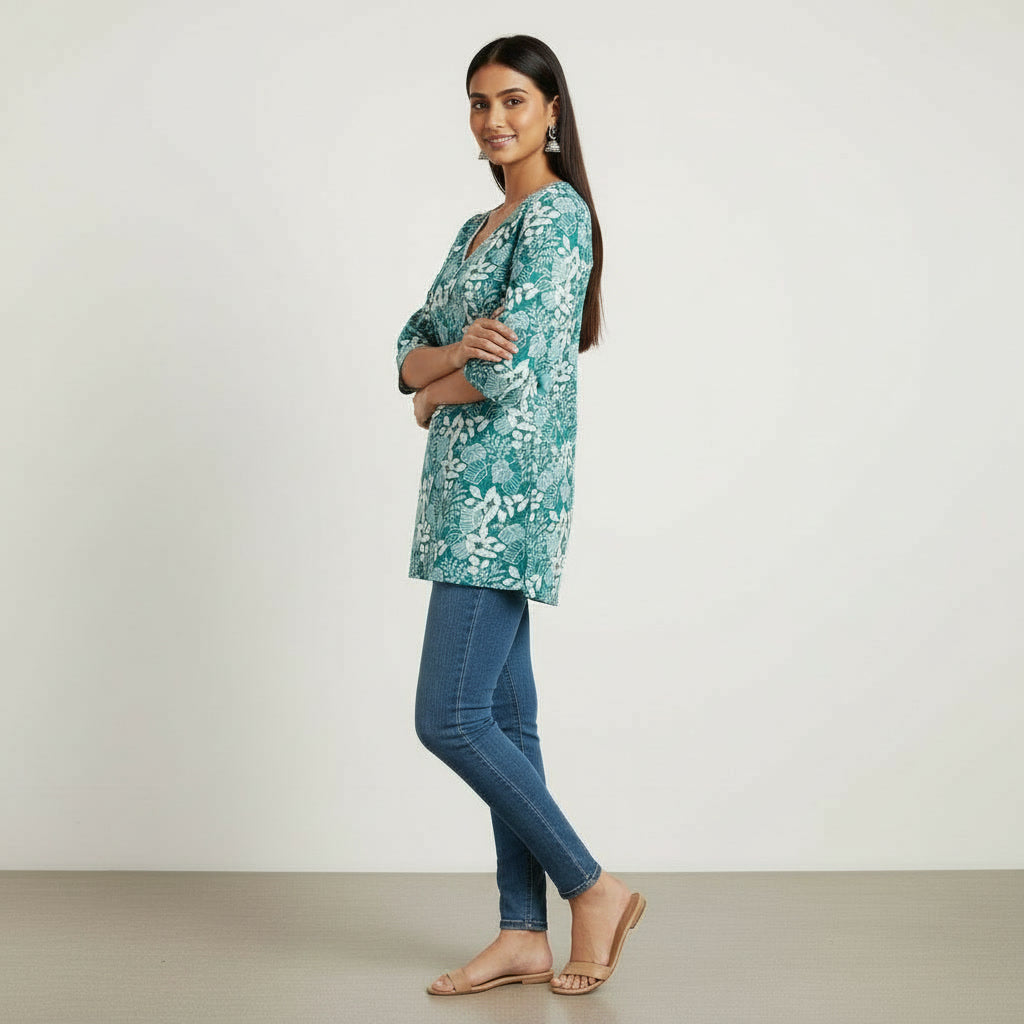 NIZORI Women’s Green Printed Short Kurti – Cotton Blend V-Neck Casual & Office Wear Top