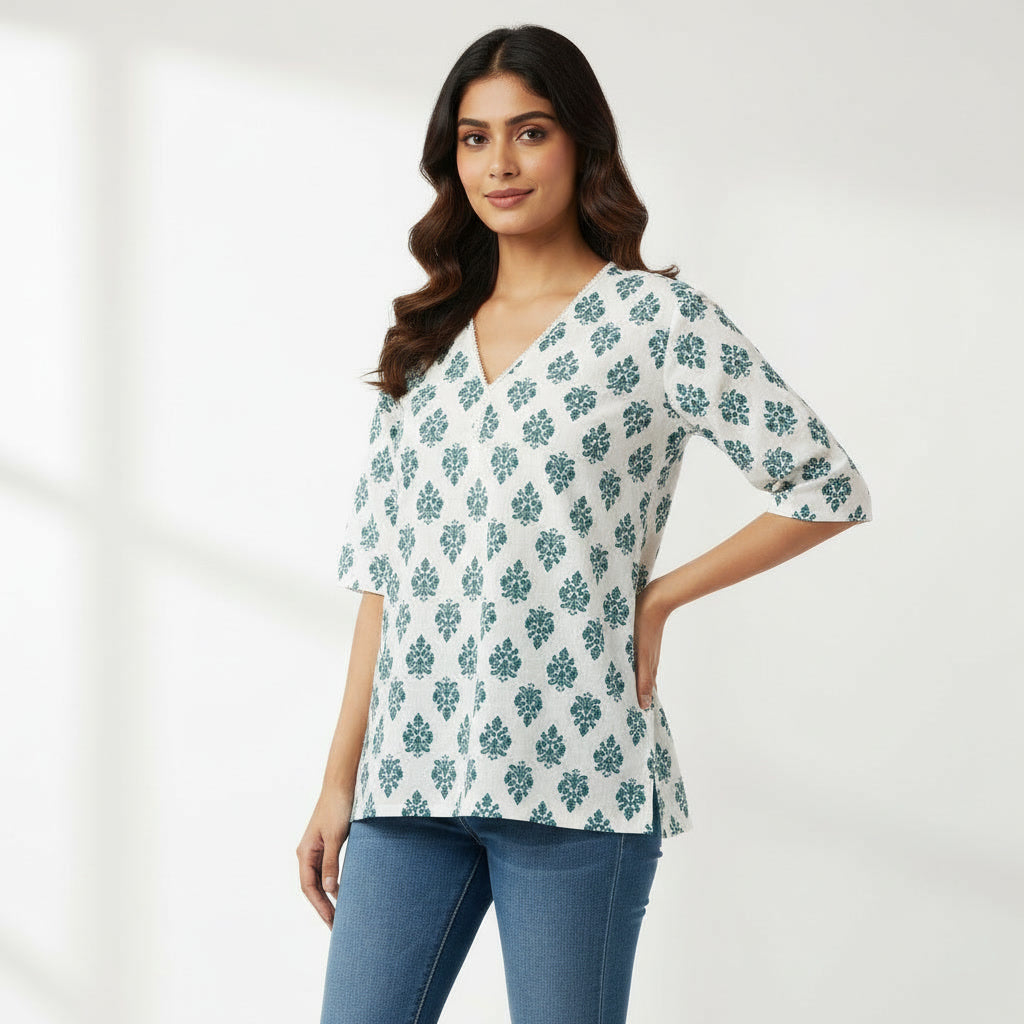 NIZORI Women’s Printed Short Kurti – Soft Cotton Blend, V-Neck, Everyday & Office Wear Top
