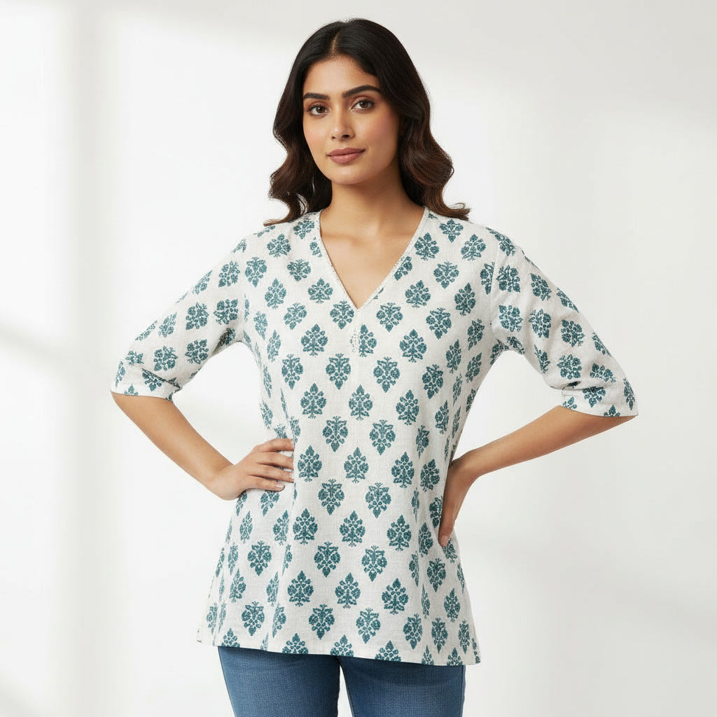 NIZORI Women’s Printed Short Kurti – Soft Cotton Blend, V-Neck, Everyday & Office Wear Top