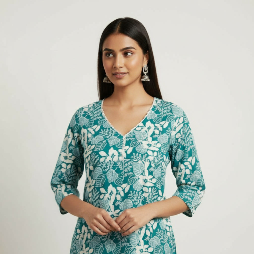 NIZORI Women’s Green Printed Short Kurti – Cotton Blend V-Neck Casual & Office Wear Top