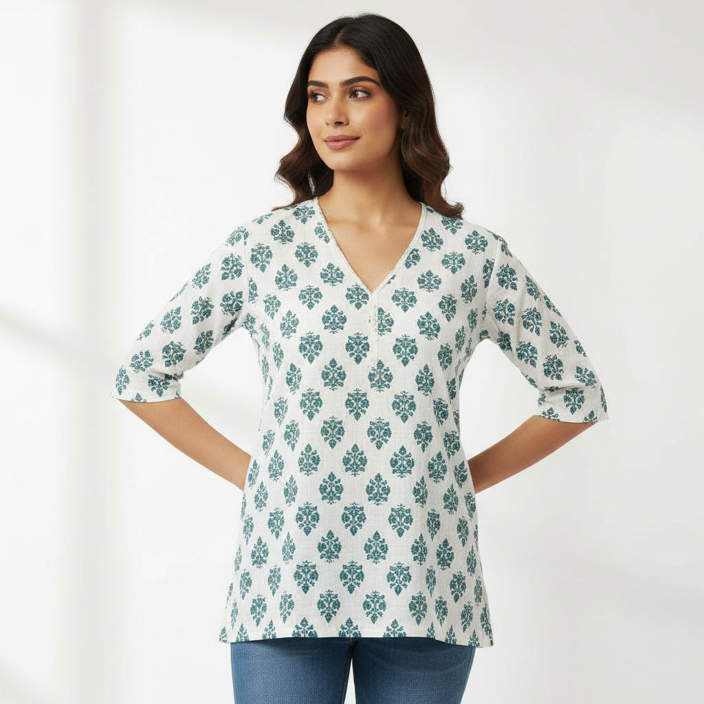 NIZORI Women’s Printed Short Kurti – Soft Cotton Blend, V-Neck, Everyday & Office Wear Top